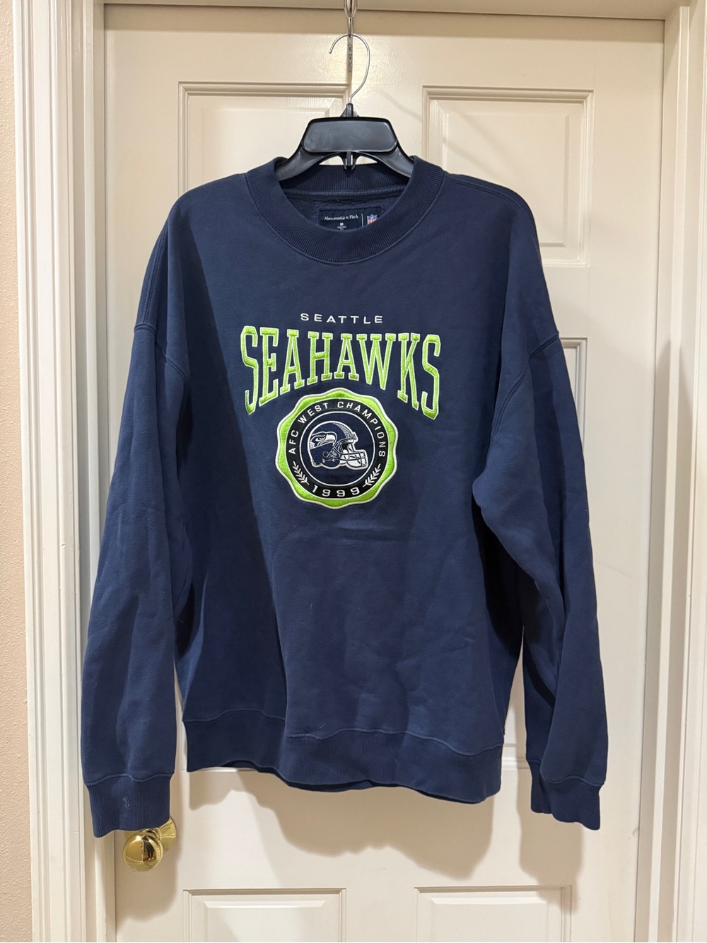 Abercrombie & Fitch Navy Crewneck with Lime Seahawks Graphic